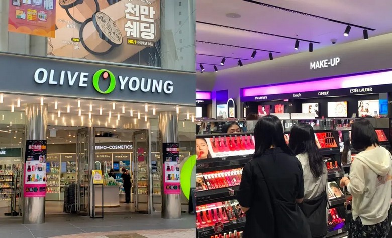 Bên trong cửa hàng Olive Young với kệ mỹ phẩm Hàn Quốc