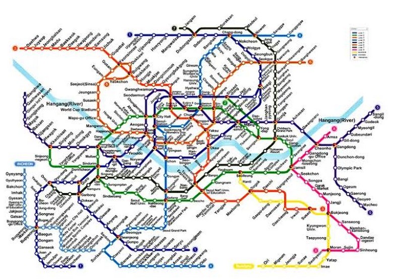  Bản đồ tàu điện ngầm Seoul nhiều màu với các tuyến và số