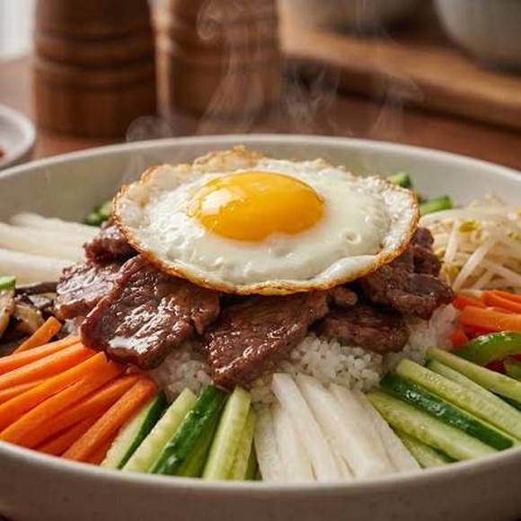 Các loại rau củ namul được bày riêng từng phần gọn gàng trên mặt bát cơm