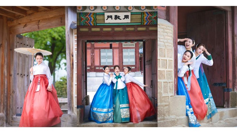 Du khách mặc hanbok nhiều màu sắc tạo dáng chụp ảnh trong sân cung