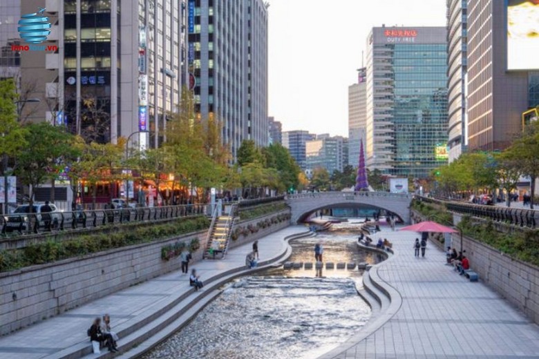 Hoa anh đào nở rộ bên dòng suối Cheonggyecheon ở Seoul vào mùa xuân