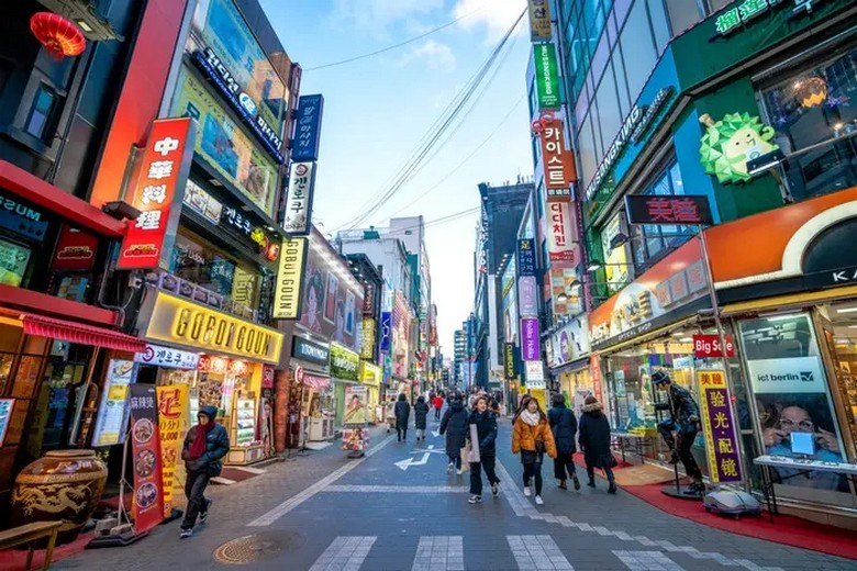 Phố đi bộ Hongdae đông đúc về đêm với đèn và biển hiệu rực rỡ
