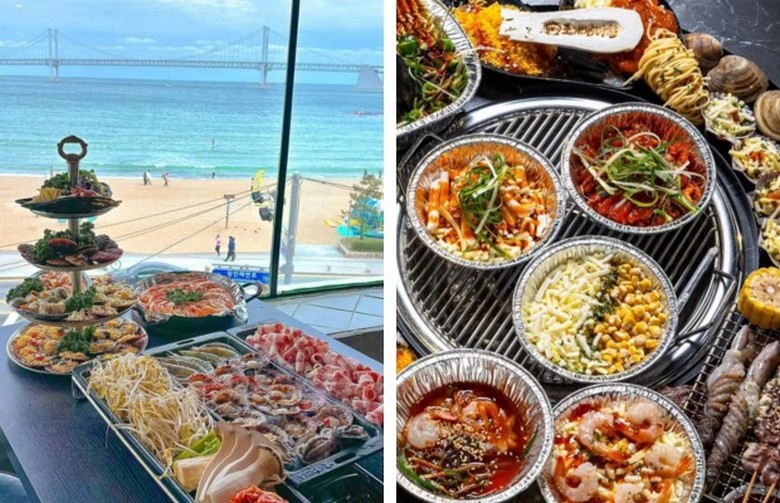 Quán chimaek nhìn ra biển Gwangalli và cầu Gwangan lên đèn ở Busan