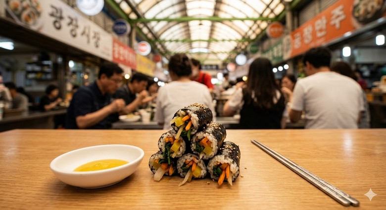 Đĩa mayak gimbap cỡ nhỏ chấm cùng nước sốt mù tạt tại chợ Gwangjang
